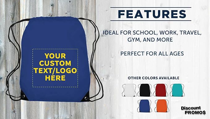 DISCOUNT PROMOS Custom Black Trim Drawstring Backpacks Set of 10/50/100, Personalized Bulk Pack - Gym Bag, Soccer Shoes, Water Resistant - Blue - Image 2