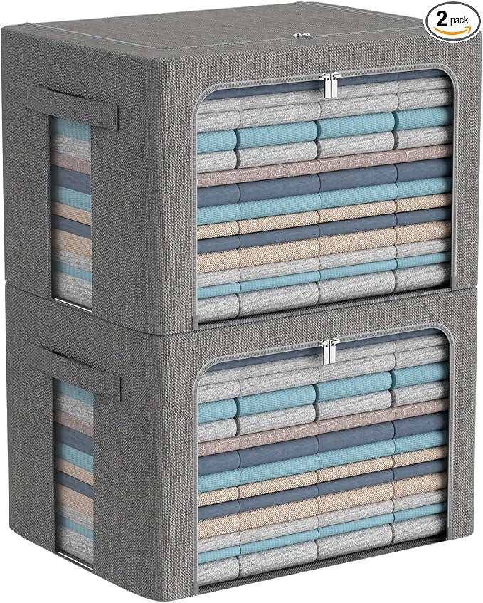 CYhom Clothes Storage Bins Box - Linen Fabric Foldable Stackable Container Organizer Set with Clear Window & Carry Handles & Metal Frame - 2Pack Large Capacity for Bedding, Blankets, Books by CYhom