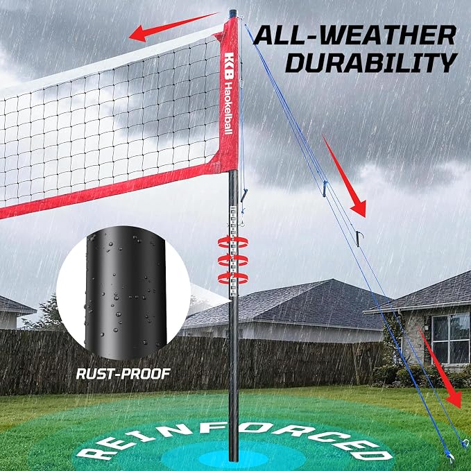 Haokelball Outdoor Volleyball Net Set for Backyard, 32FT Regulation, 3-Level Adjustable Height & Anti-Sag Tension System, Heavy Duty Thick Poles, Includes Volleyball, Pump, Boundary Line and Carry Bag - Image 6