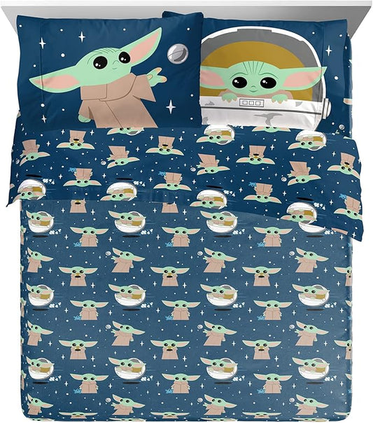 Jay Franco Kids Sheet Set with Fitted, Flat Sheets & Pillow Cover - Ultra-Soft Bedding with Pillowcase for Room Decor, Blue - Star Wars Mandalorian, 4 Piece Queen by JayFranco