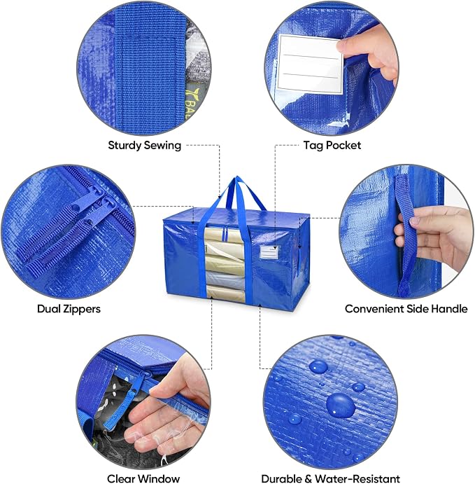 BALEINE 2-Pack Oversized Moving Bags with Reinforced Handles, Heavy-Duty Storage Tote Moving Supplies for Packaging, Camping (Blue w/Window, 2-Pack) - Image 3