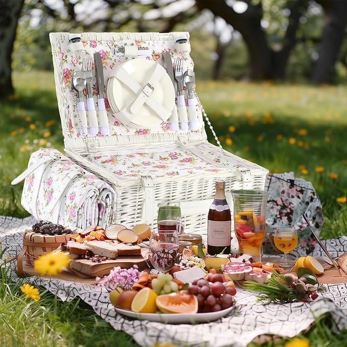 Picnic Basket Set for 4 with Waterproof Blanket Mat Insulation Bag Wicker Pink White Floral Classic Fresh Gift for Christmas Thanksgiving Wedding Birthday Camp Outdoor Beach Travel - Image 8