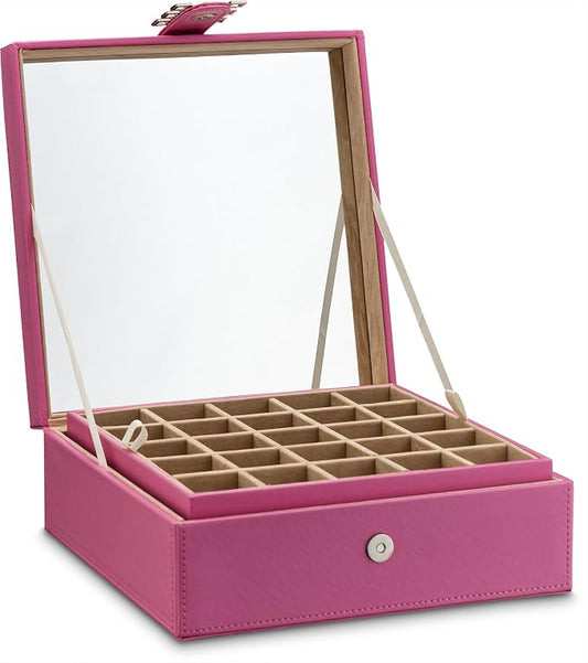 Glenor Co Earring Organizer - Classic 50 Section Jewelry Box/Case/Holder for Earrings, Rings, Necklaces, Jewelry, Cufflinks or Collections -2 Layer Small Compartments with Large Mirror - Pink by GlenorCo