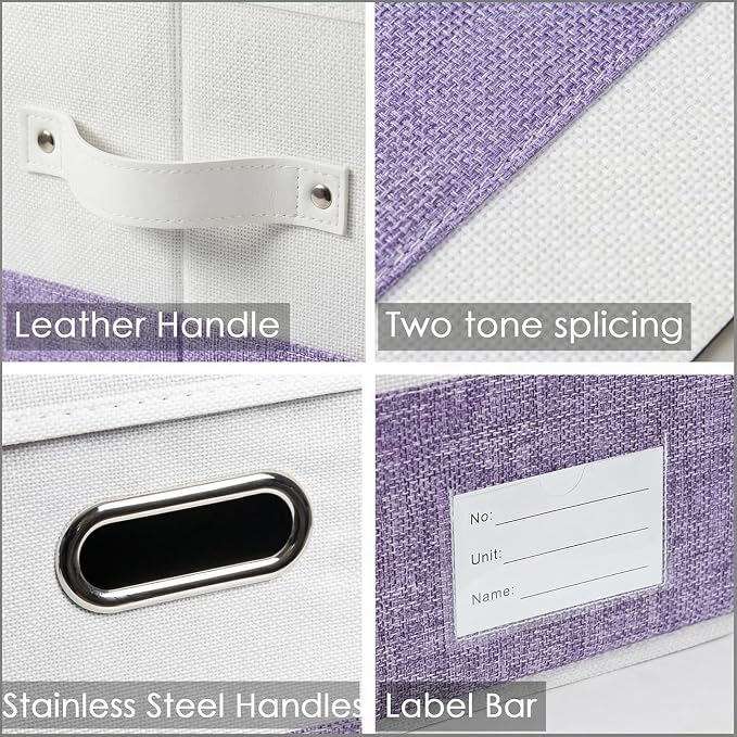 PRANDOM Storage Bins with Lids [3-Pack] Linen Fabric Foldable Storage Boxes Organizer Containers Baskets Cube with Cover for Bedroom Closet Office White&Purple (23.4X15.9X11.4) - Image 7