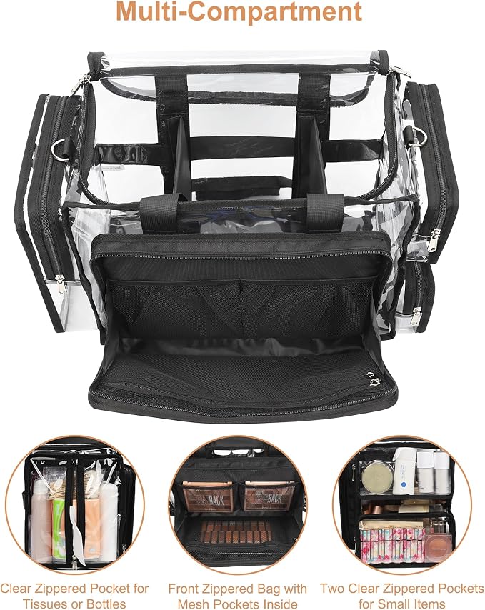 Relavel Clear Makeup Bag with 2 Clear Pouches, Extra Large Makeup Artist Kit Set, Cosmetic Storage Organizer Hair Stylist Traveling Bag, Transparent Tote Duffle Beach Toiletry Bag with Shoulder Strap - Image 5