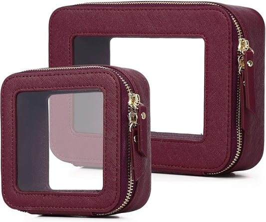 Pinkmik Clear Makeup Bag Waterproof Travel Case for Cosmetics and Toiletries Women's Purse Organizer and Clear Car Bag with Zipper (X/Burgundy, M+MINI) by Pinkmik