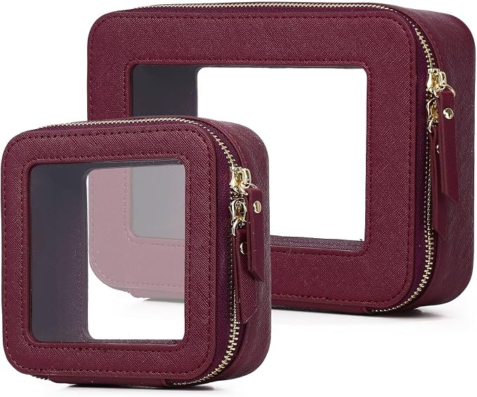 Pinkmik Clear Makeup Bag Waterproof Travel Case for Cosmetics and Toiletries Women's Purse Organizer and Clear Car Bag with Zipper (X/Burgundy, M+MINI) by Pinkmik