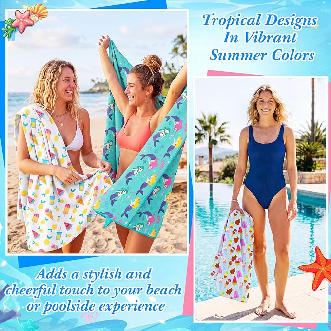 Peryiter 48 Pcs Microfiber Beach Towel with Bags Bulk, 24 Large Quick Dry Pool Towels and 24 Storage Bags, 30 x 60 Inch Ice Cream Mermaid Blanket for Beach Swimming Summer Party Camping Travel Women - Image 4
