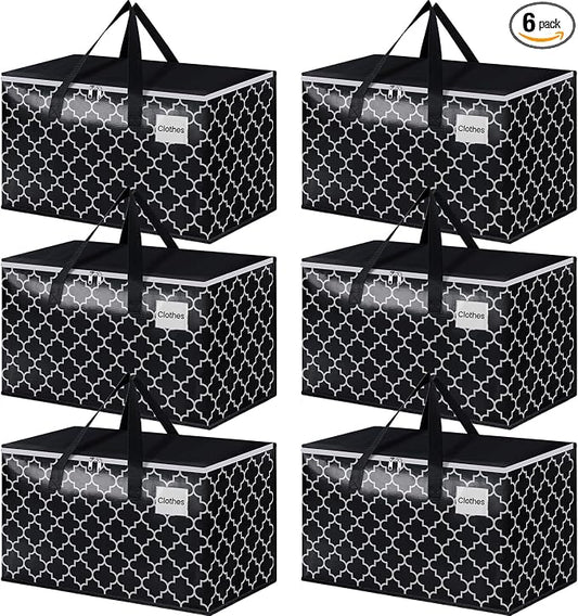 HomeHacks Heavy Duty Moving Bags with Tag Pockets, Collapsible Storage Totes for Moving, Camping & Travel -Foldable Packing Boxes, Zipper Handles, Black（6 Packs, 100L） by HomeHacks