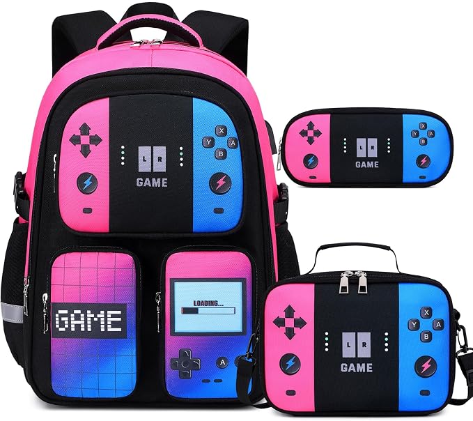 Gamer Backpack for Boys , 3PCS Boys Backpack with Lunch Box & Pencil Pouch, Waterproof School Bags for Boy Kids Children Teens, Elementary Middle School, Kids Book Bag Casual Daypack (Pink Blue) by Jafeton