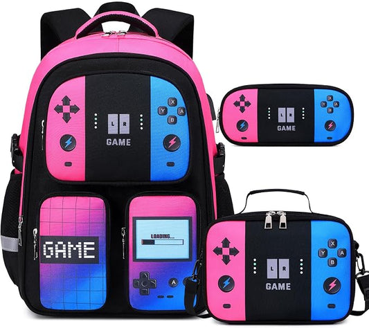 Gamer Backpack for Boys , 3PCS Boys Backpack with Lunch Box & Pencil Pouch, Waterproof School Bags for Boy Kids Children Teens, Elementary Middle School, Kids Book Bag Casual Daypack (Pink Blue) by Jafeton