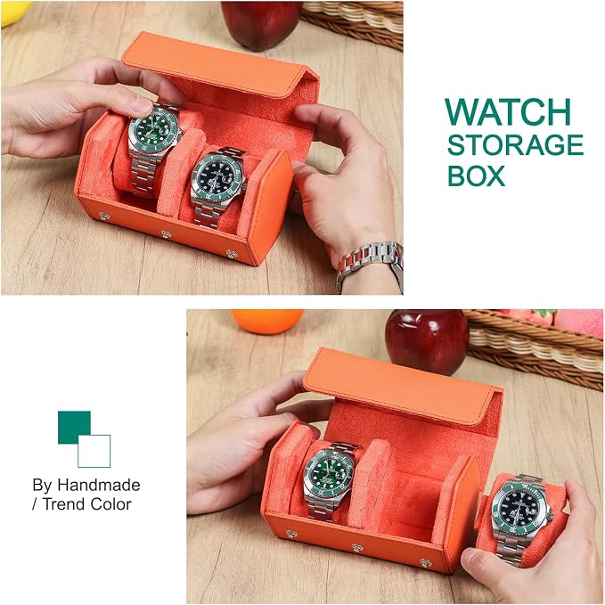Hiram Genuine Leather Saffiano Watch Roll Travel Case, Leather 2-Watches Roll Case for Treasured Watches and Bracelets(Orange) - Image 4