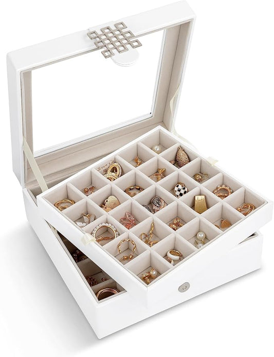 Glenor Co Earring Organizer - Classic 50 Section Jewelry Box/Case/Holder for Earrings, Rings, Necklaces, Jewelry, Cufflinks or Collections -2 Layer Small Compartments with Large Glass Top - White by GlenorCo