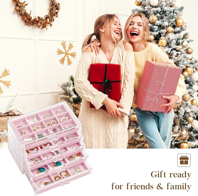 ProCase Earring Holder Organizer Jewelry Box with 5 Drawers, Acrylic Clear Earring Case with Adjustable Velvet Trays for Women - Pink, 5 Layers - Image 7