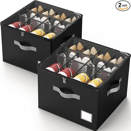 Criusia Shoe Organizer for Closet, Foldable Shoe Storage Organizer with Clear Cover and Sturdy Handles, Fit 12-16 Pairs, Closet Organizer for Shoes Sneakers Sandals Heels, 2 Pack, Black by Criusia