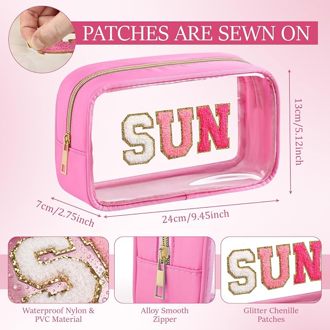 Kacctyen 10 Pcs Sun Clear Makeup Bags with Zipper in 5 Assorted Colors, Chenille Letter Sunscreen Bags Bulk, Clear Waterproof Cosmetic Bag for Women Beach Pool Trip & Summer Birthday Party Favors - Image 2