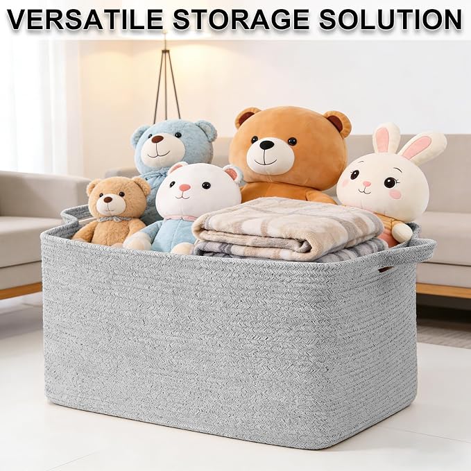 96L XXXLarge Woven Laundry Basket with Sturdy Handles - Grey | Machine washable,Space-Saving Collapsible Design,Cotton rope, blanket basket living room,for toys clothes nursery bathroom - Image 8