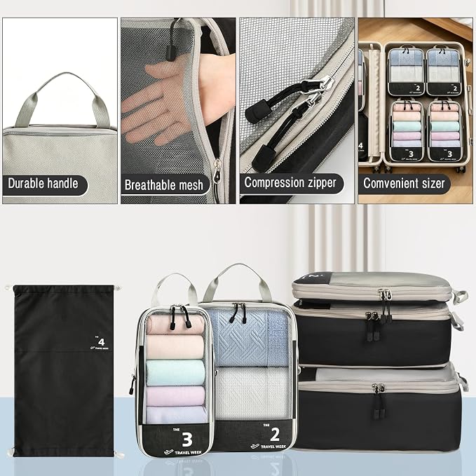 AiQInu Packing Cubes Compression, Pack of 6 Packing Bags, Compression Suitcase Organiser Set with Laundry Bag and Drawstring Bag, Expandable, Travel Pack Organiser for Hand Luggage - Image 5