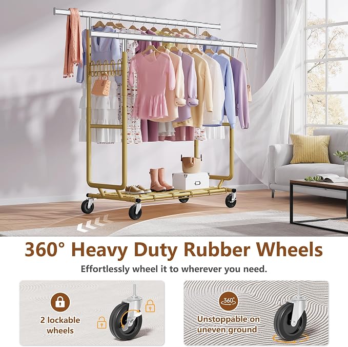Hoctieon 2-Minute Assembly Double Rod Clothes Rack, Heavy Duty Rolling Clothing Racks with Wheels, Foldable Commercial Garment Rack, Extendable Hanging Bar, Adjustable Metal Pole with Hooks, Gold - Image 6