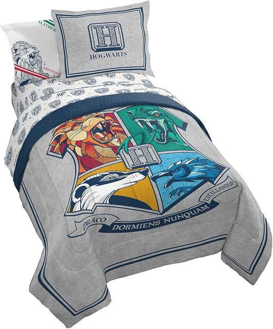 Harry Potter Twin Comforter Set 5 Piece Kids Bedding, Gray | Hogwarts, Bed in a Bag, Comforter Sheets Sham Pillowcase, Official Brand, Soft Microfiber, Machine Washable, Kids Gift by JayFranco