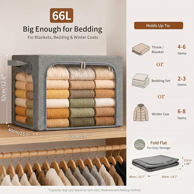 GoMaihe 3 Opening Clothes Storage Bins with Metal Frame, 66L Blanket Storage Organizer for Walk-in Closet Large Storage Boxes with Clear Window for Bedding Winter Clothing 3-Pack Grey - Image 5