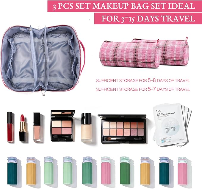 BOYATU Travel Makeup Bag for Women: Scottish Plaid 3 Pcs Set Cosmetic Organizer Bag - 180° Open Large Spacious Holds 50% More Cosmetics - Waterproof Leather Checkered Toiletry Bag (04-Pink) - Image 4
