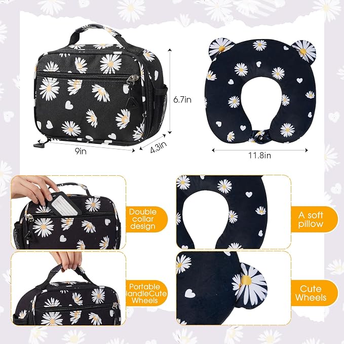 Redbaker 6 Pcs Luggage Set, 17 Inch Rolling Suitcase with Backpack, Lunch Bag and Neck Pillow, Black Daisy Travel Set for Summer Vacation, Weekend Trips and Sleepovers - Image 4