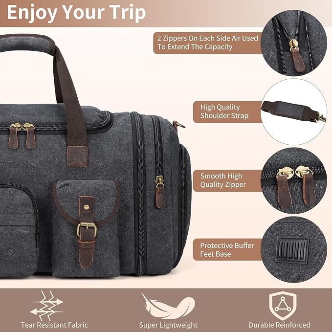 Mens Duffle Bag for Travel 60L Expandable Canvas Weekender Overnight Travel Duffel Bag with Shoe Compartment Carry-On for Airplanes Dark Gray - Image 2