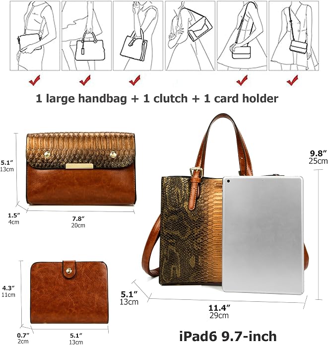 KingTo Women's Crocodile Pattern Satchel Handbags Stylish Tote Handbags crocodile purses for women 3 Pcs Set (B-blue) - Image 4