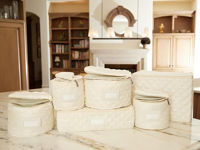 Covermates Keepsakes Dish Storage Set – Padded China & Dinnerware Storage Cases with Dividers, Cup & Stemware Storage, Quilted Polyester Protection, ID Window, Cream - Image 4