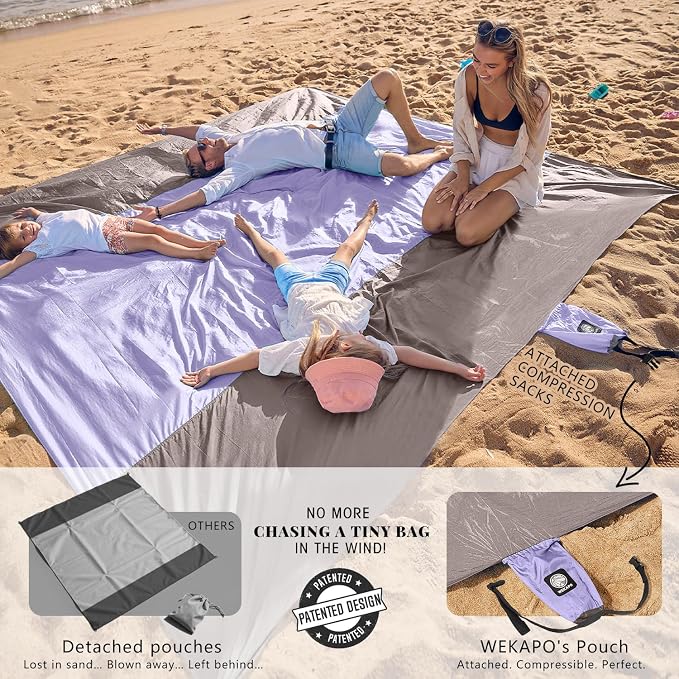 WEKAPO Beach Blanket Sandproof Waterproof, Extra Large Beach Mat, Oversized & Compact Sand Free, Quick Drying Beach Essentials for Vacation, Cruise, Picnic & Camping with Stakes - Image 3