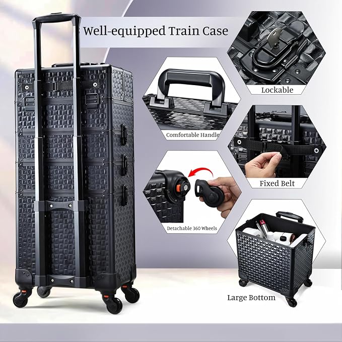 4 in 1 Rolling Makeup Trolley Train Case Cosmetic Suitcase Nail Tech Box for Makeup Artist, Hairstylists, Nail Tech Case with with Keys Swivel Wheels Traveling Trunk (Shiny Brick) - Image 5