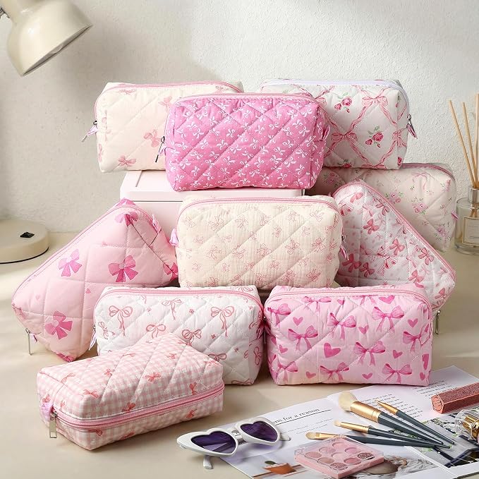 Paterr 10 Pcs Quilted Makeup Bag Bulk Cotton Floral Cosmetic Bag Women Girls Bridesmaid Gifts Cute Makeup Pouch Coquette Aesthetic Travel Toiletry Organizer(Pink Bow,6.30 x 3.94 Inches) - Image 3