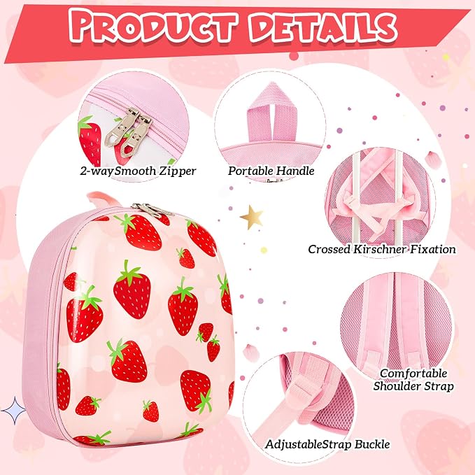 Sanwuta 4 Pcs Kids Luggage Set Back to School Gifts for Girls Boys Carry On Rolling Suitcase Backpack Neck Pillow Travel Set(17 Inch,Strawberry Style,Light Pink) - Image 3