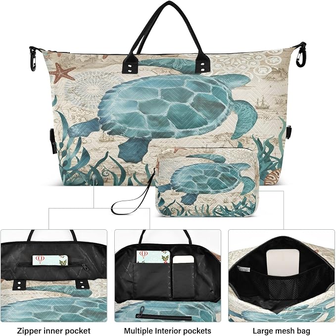 Weekender Bags Travel Duffel Gym Bag Carry on Overnight Tote Bag with Toiletry Bag for Airplane Travel Trip Gym Yoga (Sea Lives Turtle Coral) - Image 2