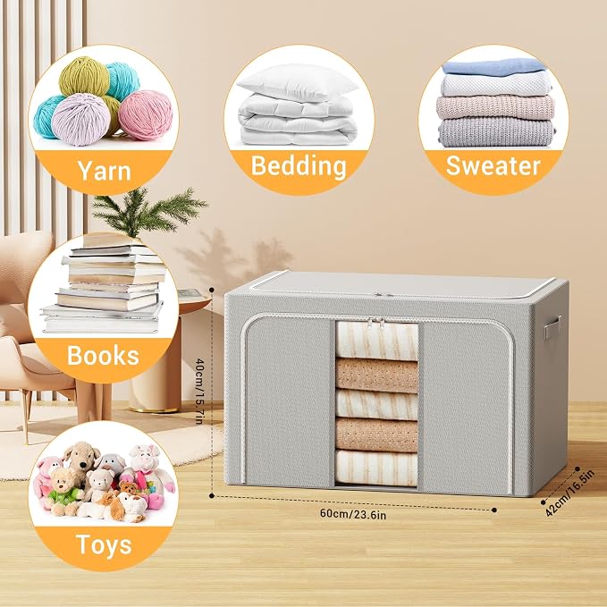 Clothes Storage Bins with Metal Frame Foldable Storage Box Clothes Organizers Storage Containers for Clothes Sheets Blankets Books Toys Gifts and Holiday Decorations (100Lx3 Pack) - Image 6