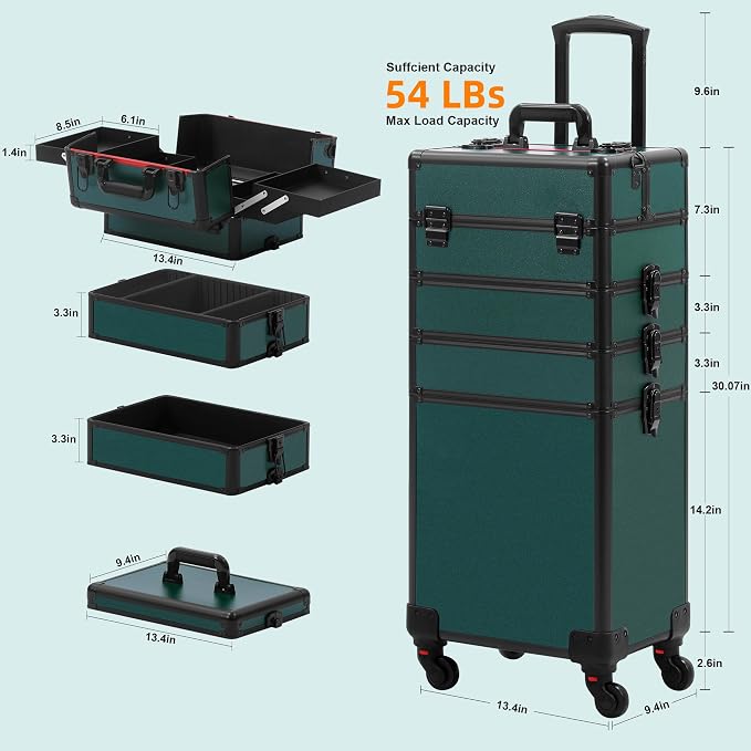 Somduy Makeup Train Case, Rolling Makeup Case with Lid, 5 in 1 Cosmetology Case on Wheels, Christmas Gift, Large Makeup Case Organizers, Profesional Cosmetic Case for Salon Barber, Black Green - Image 5