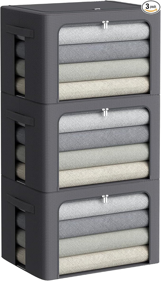 CYhom 3Pack Stackable Clothes Storage Bins - Oxford Frame Storage Box Foldable Clothing Storage Container Organizer Set with Clear Window & Carry Handles Large Capacity (Dark Gray, Large-66L) by CYhom