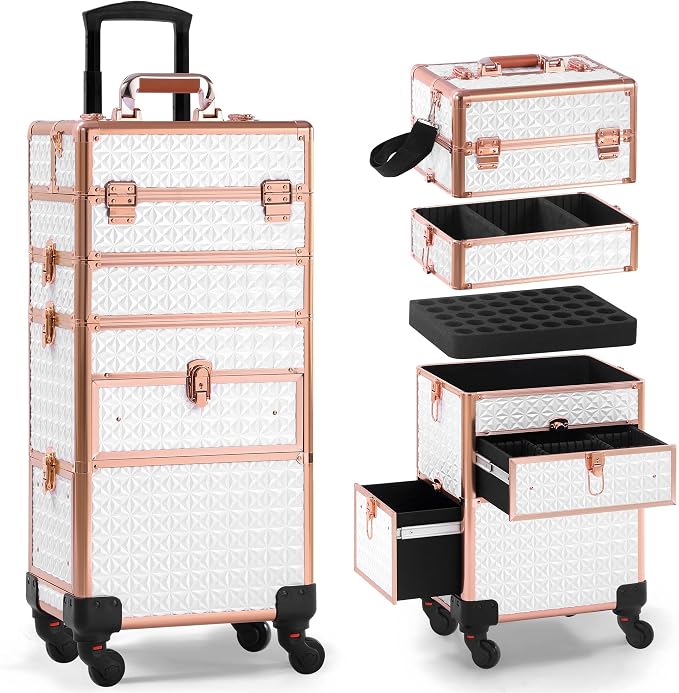 Makeup Train Case with Drawer, Rolling Makeup Case, Cosmetology Case on Wheels, Gift, Large Makeup Case Organizers, Professional for Salon Barber, Nail, Tattoo, White Gold by Unknown