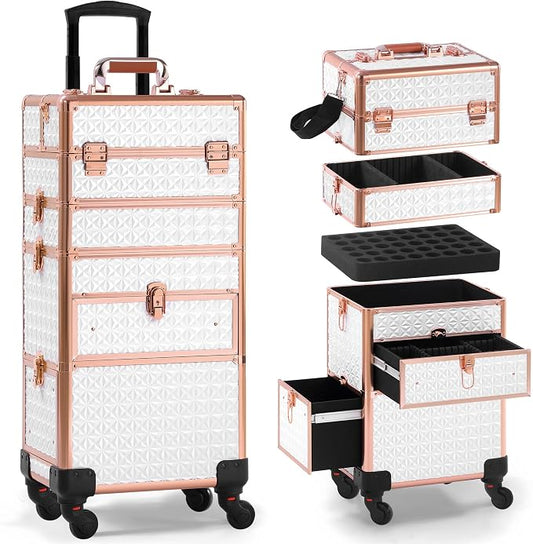 Makeup Train Case with Drawer, Rolling Makeup Case, Cosmetology Case on Wheels, Gift, Large Makeup Case Organizers, Professional for Salon Barber, Nail, Tattoo, White Gold by Unknown