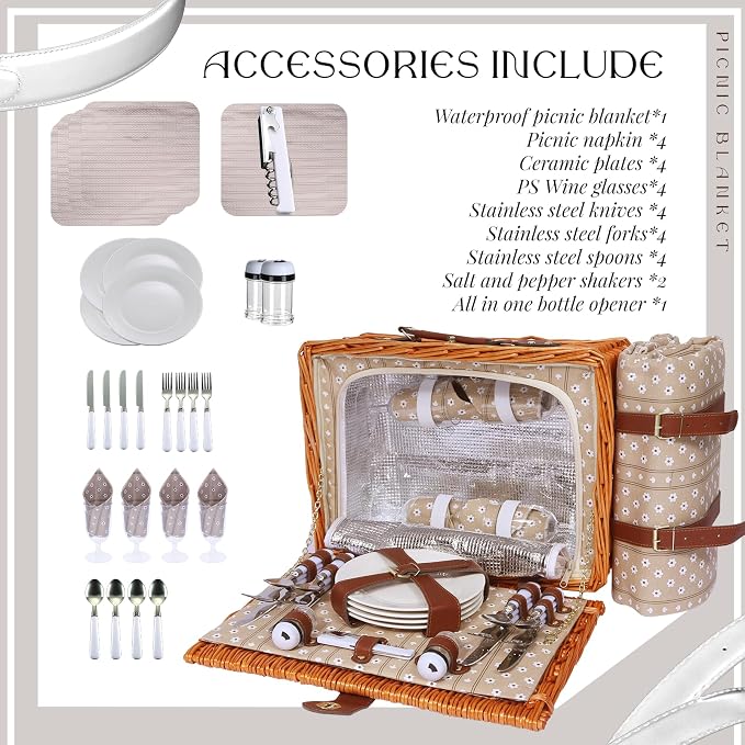 Picnic Basket Set for 4 with Waterproof Blanket Mat Insulation Bag Wicker Floral Brown Classic Fresh for Christmas Thanksgiving Wedding Birthday Camp Outdoor Beach Travel - Image 5