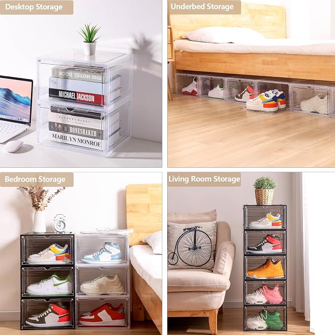 Attelite Large Clear Shoe Box Organizer,Plastic Stackable Shoe Storage Box with Magnetic Door, Large Clear Door Shoe Containers for Display Sneakers, Easy Assembly（Black） - Image 5