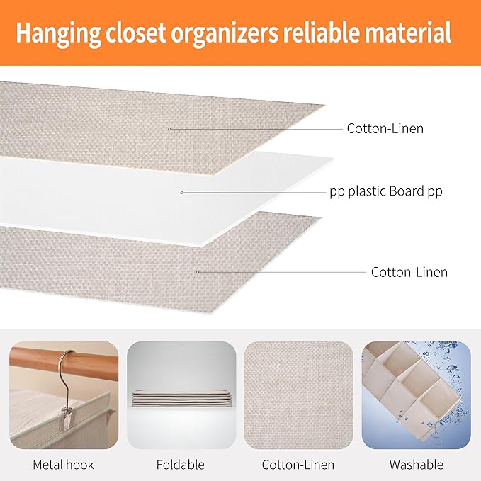 Large Hanging Sweater Organizer for Closet,Collapsible 6-Shelf Hanging Closet Shelves with Drawers, Washable (Beige -6 Shelf-1 d) - Image 4