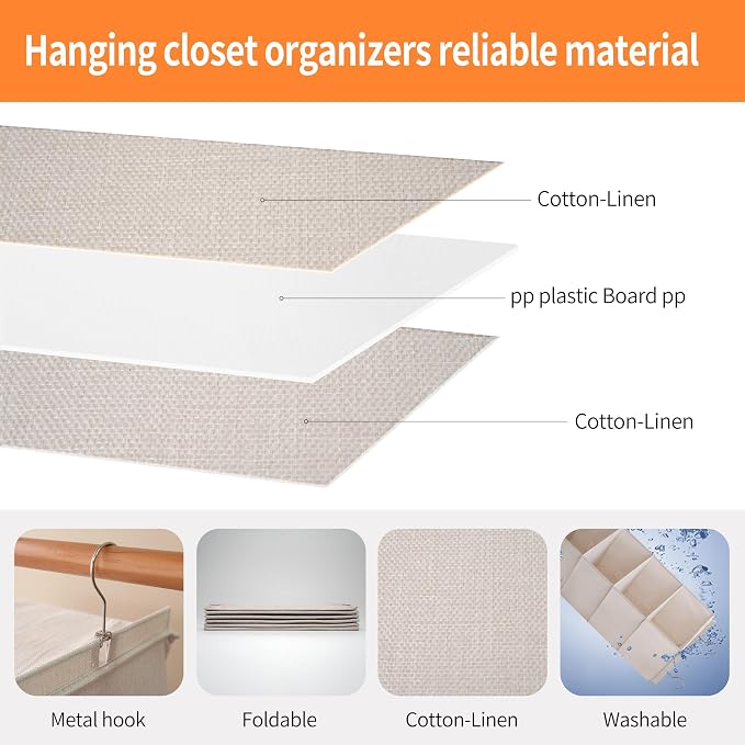 Large Hanging Sweater Organizer for Closet,Collapsible 6-Shelf Hanging Closet Shelves with Drawers, Washable (Beige -6 Shelf) - Image 4