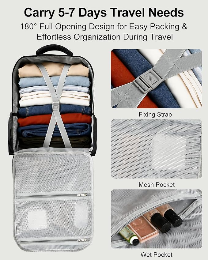 Travel Backpack for Women & Men, Carry On Personal Item Bag Flight Approved, Large Waterproof Laptop Backpack for Travel, Overnight, College & Commuting Black - Image 2