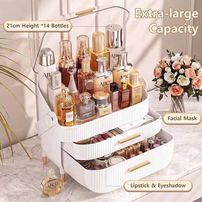 Makeup Organizer Skincare Organizers - Cosmetic Display Cases with Transparent Cover, SkinCare Organizers for Bathroom Countertop, Bedroom Vanity Desk, Lipstick Organizer, White - Image 3