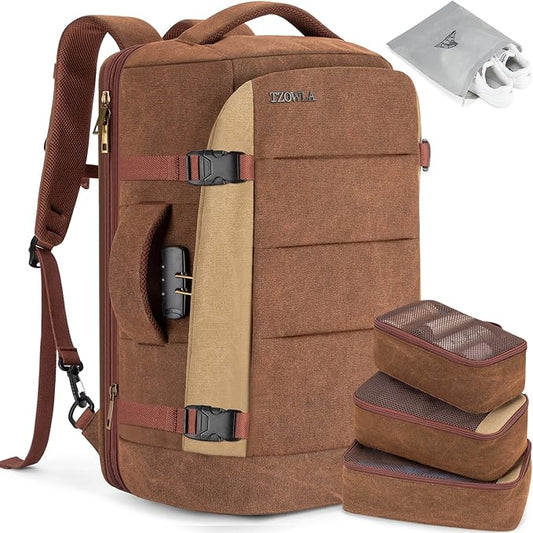 Tzowla 40L Canvas Expandable Travel Laptop Backpack for Men Women Carry on Flight Approved,Large Capacity Anti Theft Backpacks,Vintage Personal Item Bag Fit 17.3" Laptop(Brown & Khaki) by Tzowla