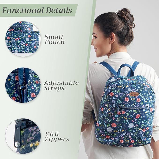 Maison d' Hermine Backpack for Women Men Cotton Shoulder Multipurpose Rucksack with Small Pouch Lightweight Multi Pocket Bag for Travel Work Beach Perfect for Spring Summer (Just Floral - Blue) - Image 4
