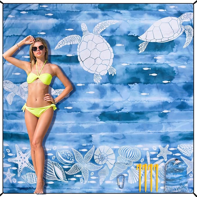 HIHOHO Beach Blanket Waterproof Sandproof Mat, Ink Turtle-BL, 79"×83" | Quick Drying, Durable, For 1-8 Adults, Outdoor Picnic Beach Festival Travel Camping Hiking by HIHOHO