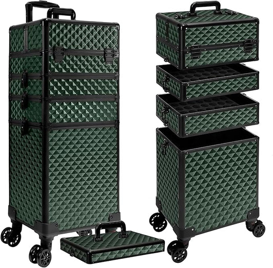 5 in 1 Rolling Makeup Train Case on Wheels Large Cosmetic Organizer Travel Cart for Women Beauty Salon Barber Hairstylist Green by Unknown